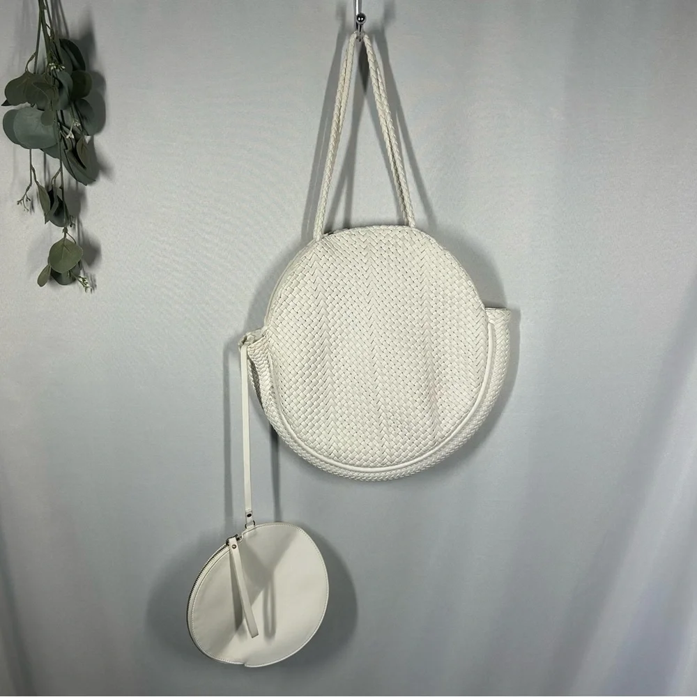Anthropologie | Alison Woven Circular White Handbag Purse Tote Bag Faux Leather